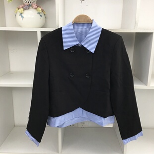 短外套女双排扣夹克 翻领拼接假两件黑色小西装 韩式 通勤风浅蓝衬衫