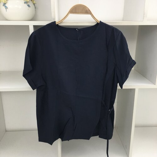 圆领短袖简约系带藏青色衬衫衬衣