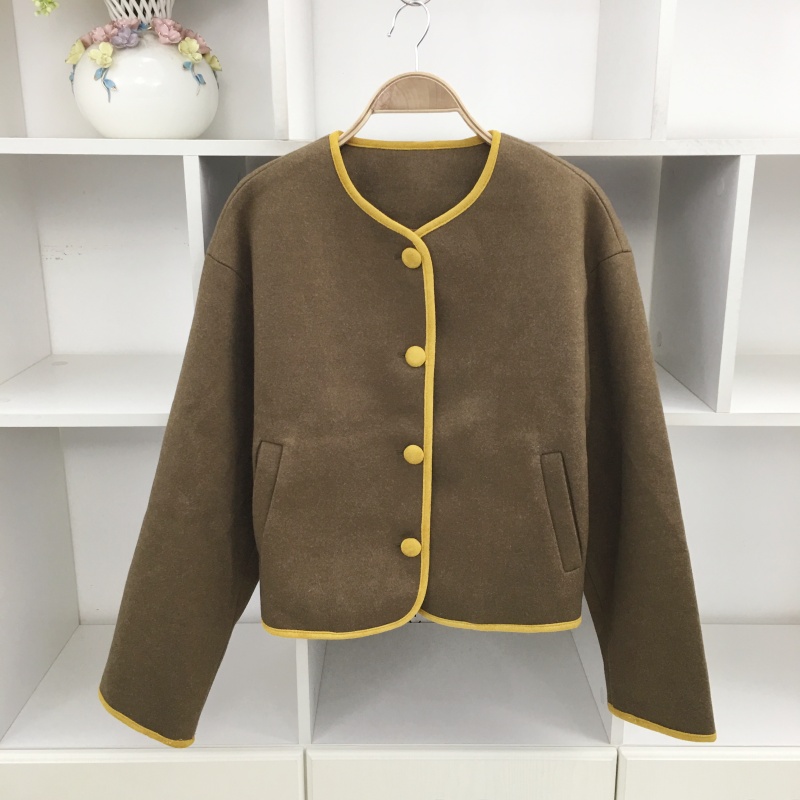 秋冬季学院风黄色撞色圆领长袖深灰色毛呢西装外套短外套女小外套
