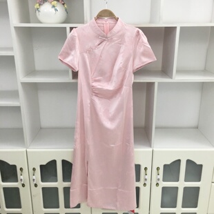 新中式风粉色提花旗袍裙连衣裙女夏立领盘扣收腰显瘦中长裙开叉