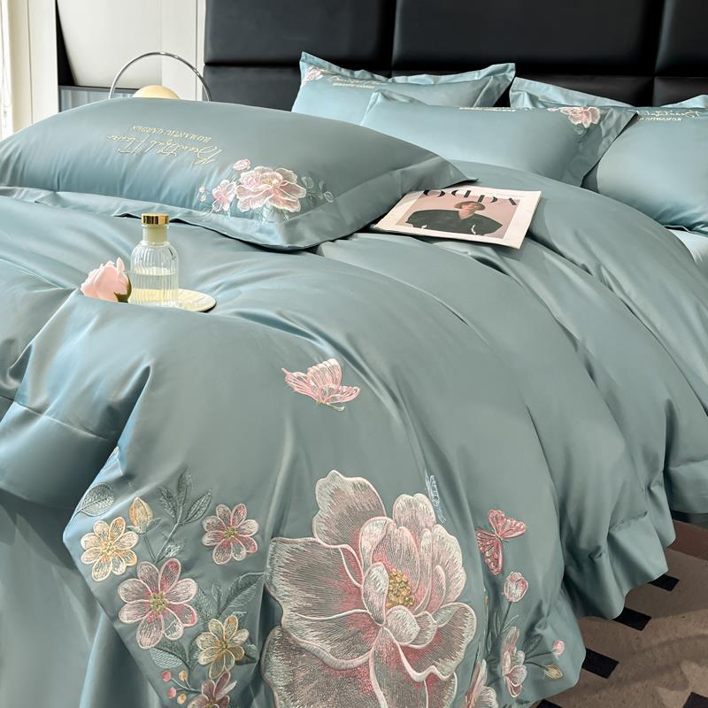 新疆包邮轻奢A类160支纯棉加厚四件套全棉磨毛高级感刺绣被套床单