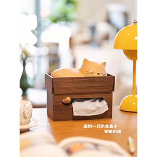 新疆包邮安睡的猫纸巾盒/黑胡桃实木可爱创意床头桌面抽纸盒生日
