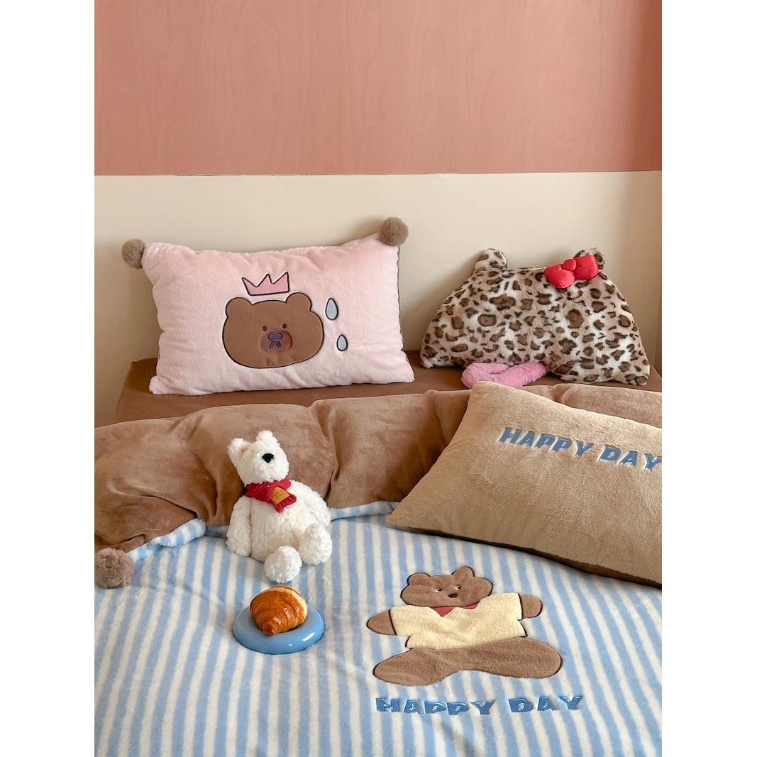 新疆包邮美拉德卡通熊秋冬加厚保暖兔毛绒牛奶绒床上四件套法莱珊