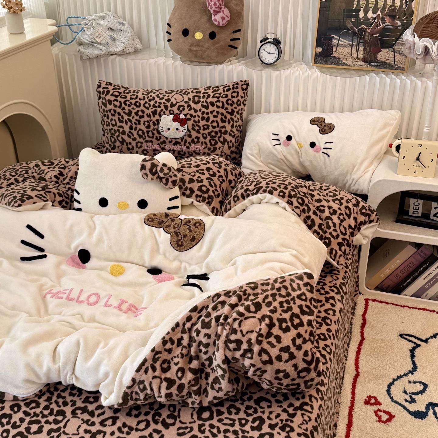 新疆包邮少女ins豹纹KT猫毛巾绣牛奶绒四件套冬天加厚珊瑚绒三件
