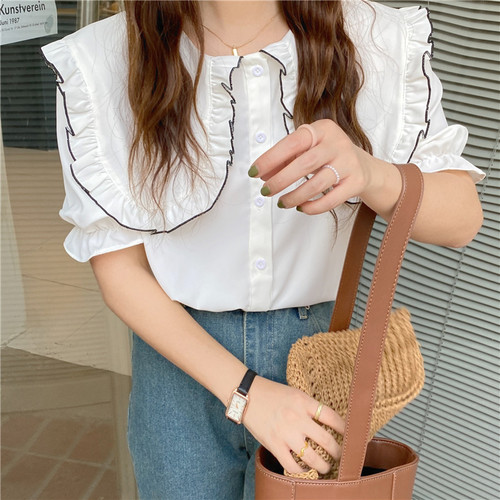 Real shot and real price Spring and summer fresh baby doll collar solid color short-sleeved shirt for women