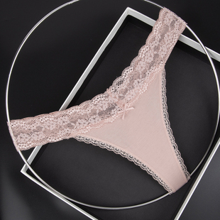 女性感纯棉内裤 蕾丝花边女丁字裤 女士低腰纯色T字裤