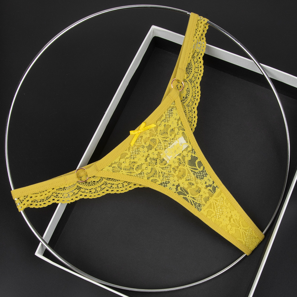 橄榄黄女士低腰内裤蕾丝透视蝴蝶结装饰丁字裤