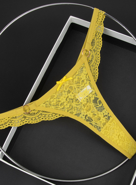 橄榄黄女士低腰内裤蕾丝透视蝴蝶结装饰丁字裤