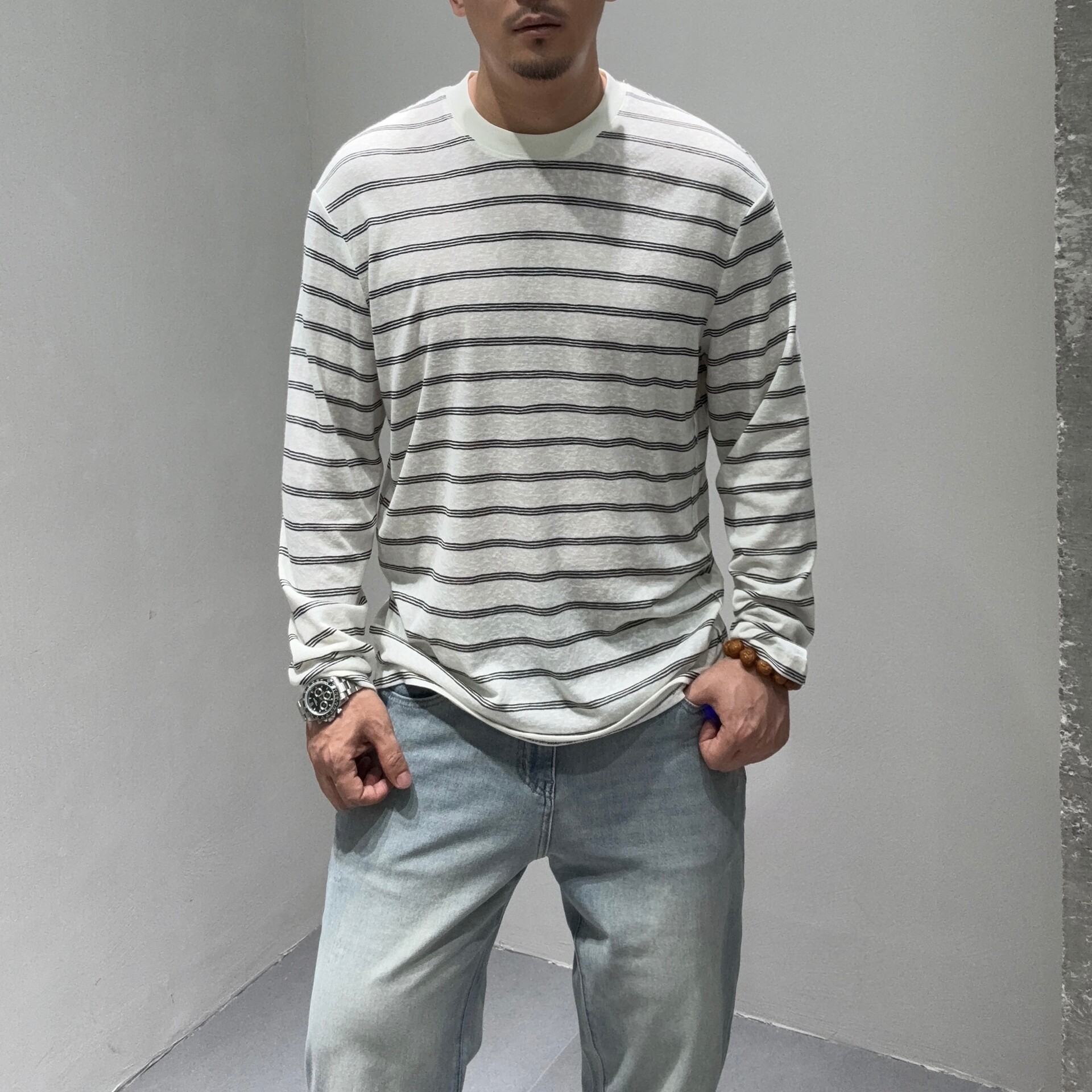 复古老钱风条纹长袖T恤男 夏薄款透气宽松休闲百搭圆领防晒打底衫