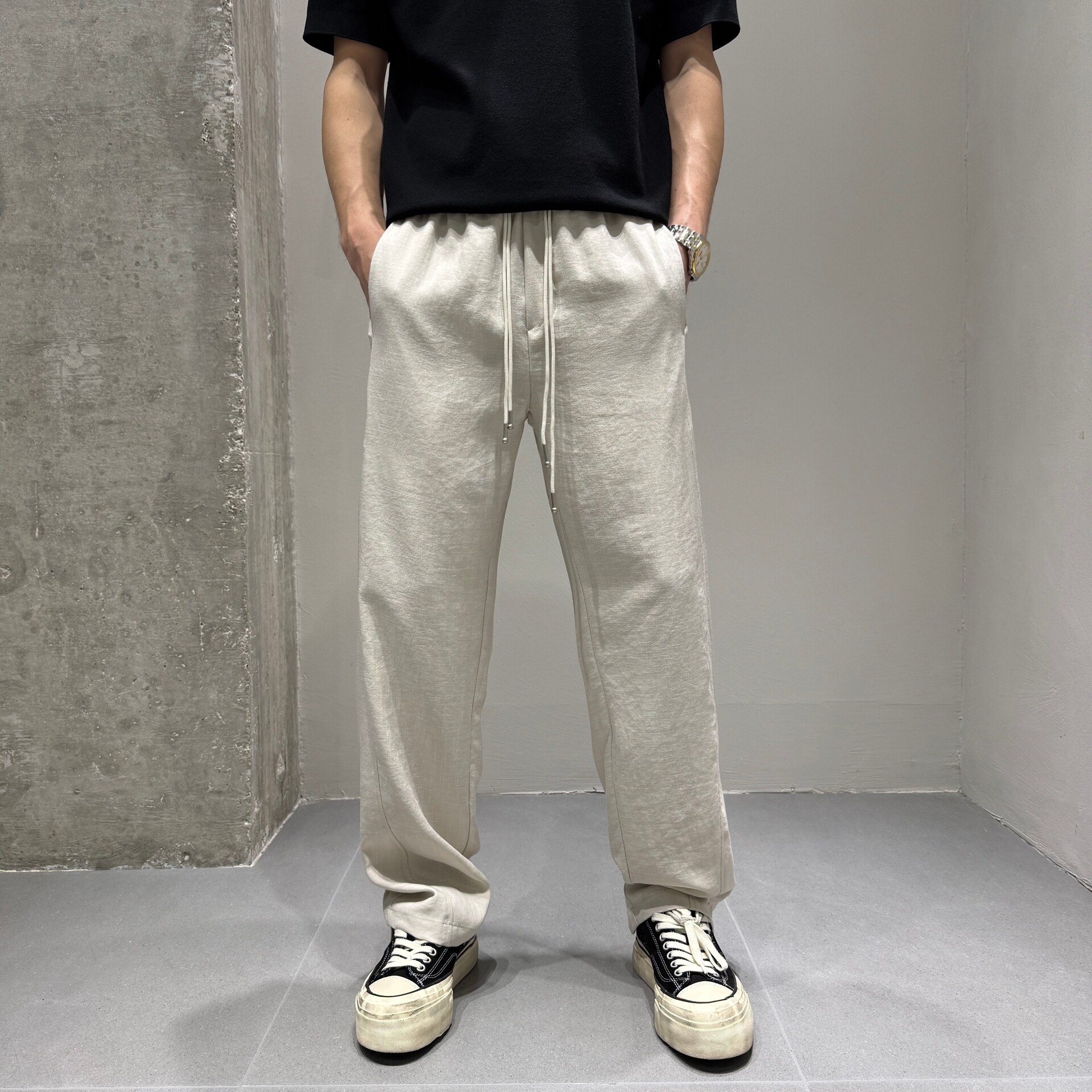 [棉麻铜氨桑蚕丝] 合身直筒休闲裤子男 夏薄款垂坠透气松弛感长裤