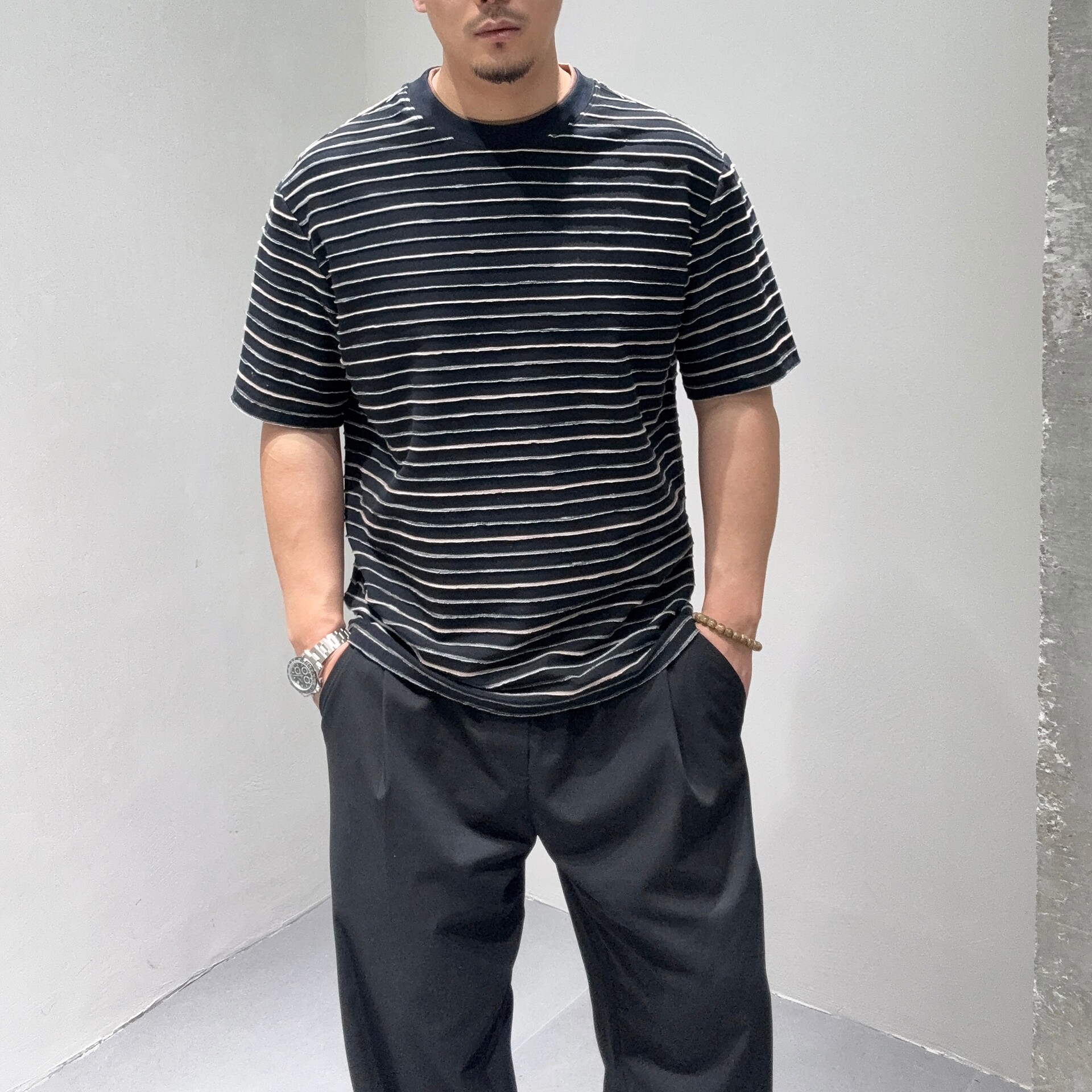 简约高级感撞色条纹T恤男 宽松肌理感短袖cleanfit休闲百搭潮上衣