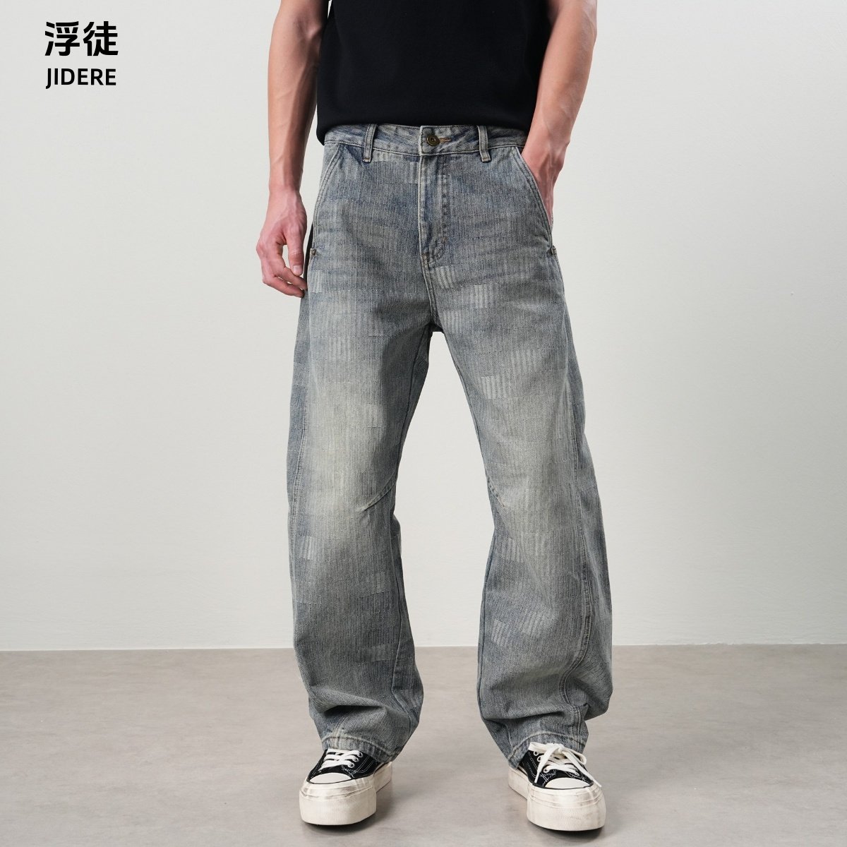 JIDERE宽松直筒弯刀牛仔裤男美式复古石磨水洗定制肌理痞帅风长裤,男装,牛仔裤,淘宝优惠券,粉丝福利购,淘宝优惠卷