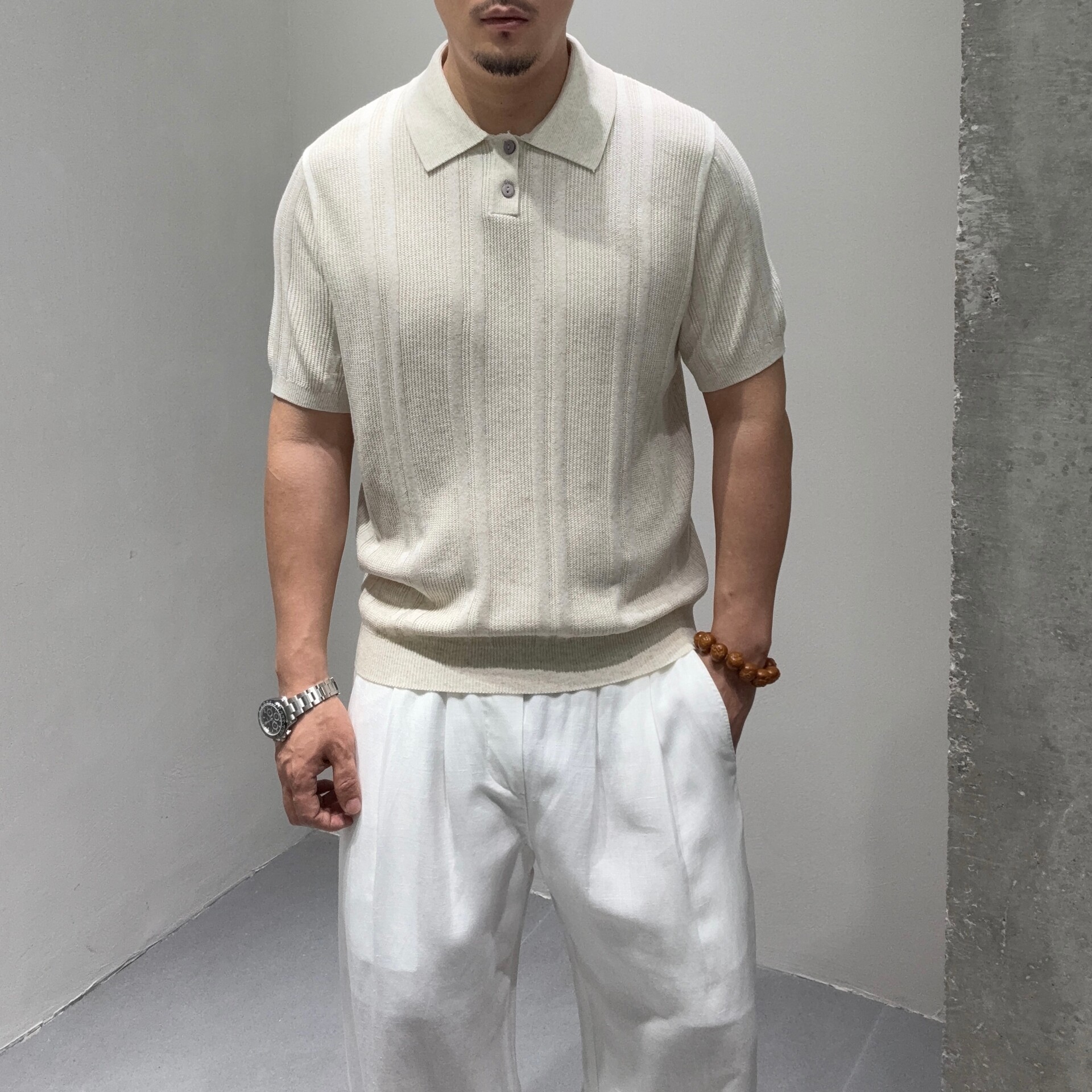 天丝亚麻针织Polo衫男 夏季凉感透气 轻熟通勤老钱风竖纹短袖上衣