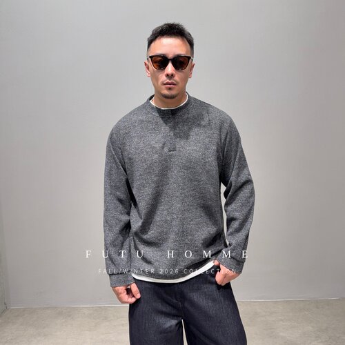 秋冬亨利扣领假两件长袖T恤男