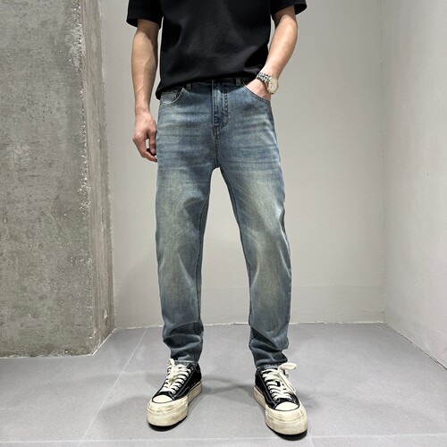 四面弹力锥形小直筒男士牛仔裤