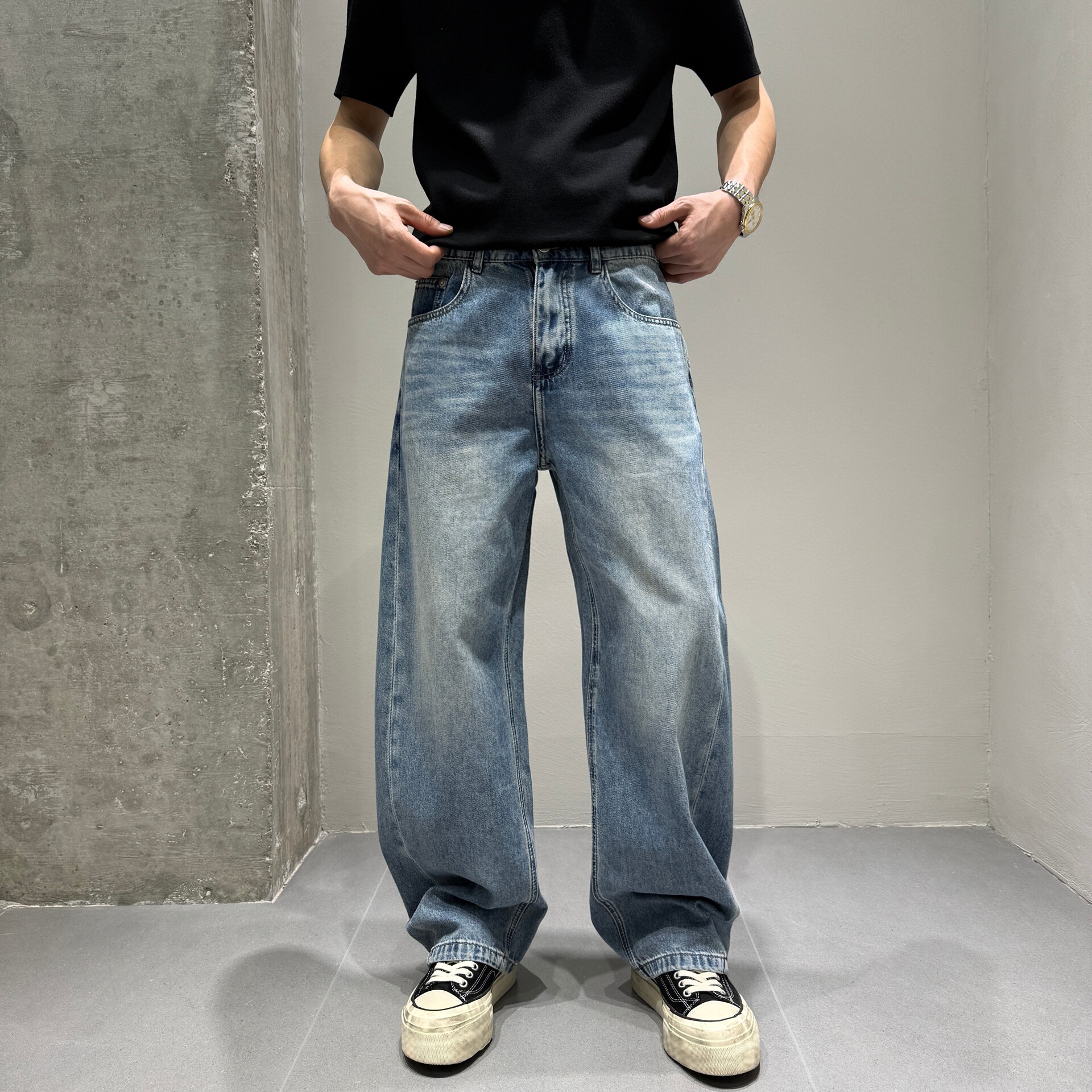 美式复古弯刀阔腿天丝牛仔裤男 Cleanfit高街水洗垂感宽松直筒裤