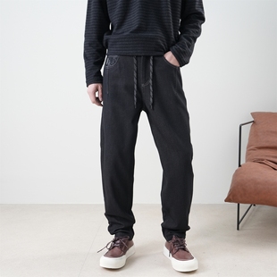 加厚磨毛微宽锥形休闲裤 JIDERE复古简约丹宁蓝合体小脚裤 子男冬季