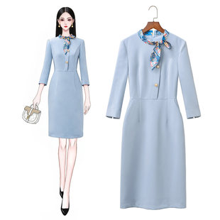 2026春装新款通勤职业连衣裙女美业客服接待蓝色七分袖气质工作服