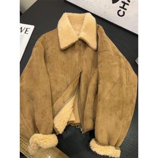 皮毛一体麂皮羊羔毛外套女2025秋冬季新款小个子覆古高级感羊羔绒