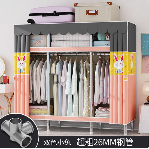 简易衣柜家用卧室布衣柜全钢架加厚出租房收纳挂衣橱钢管结实带布