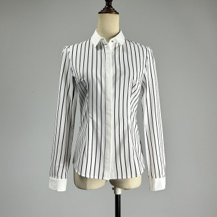 修身 女2026职业装 黑条单排暗扣工作商务白衬衣 衬衫 白色条纹长袖