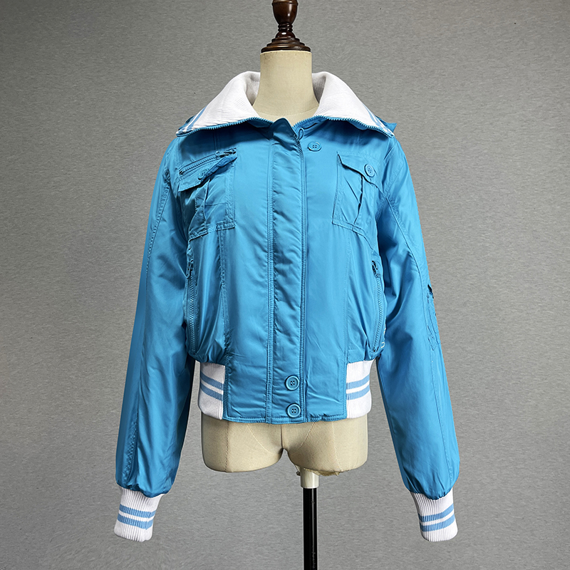 蓝色长袖棉衣棉服女2024秋冬宽松百搭可脱卸帽保暖拉链运动外套