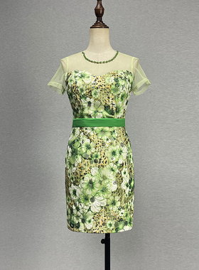 品牌折扣绿色网纱短袖连衣裙高腰性感亮片钉珠立体刺绣包臀裙中裙