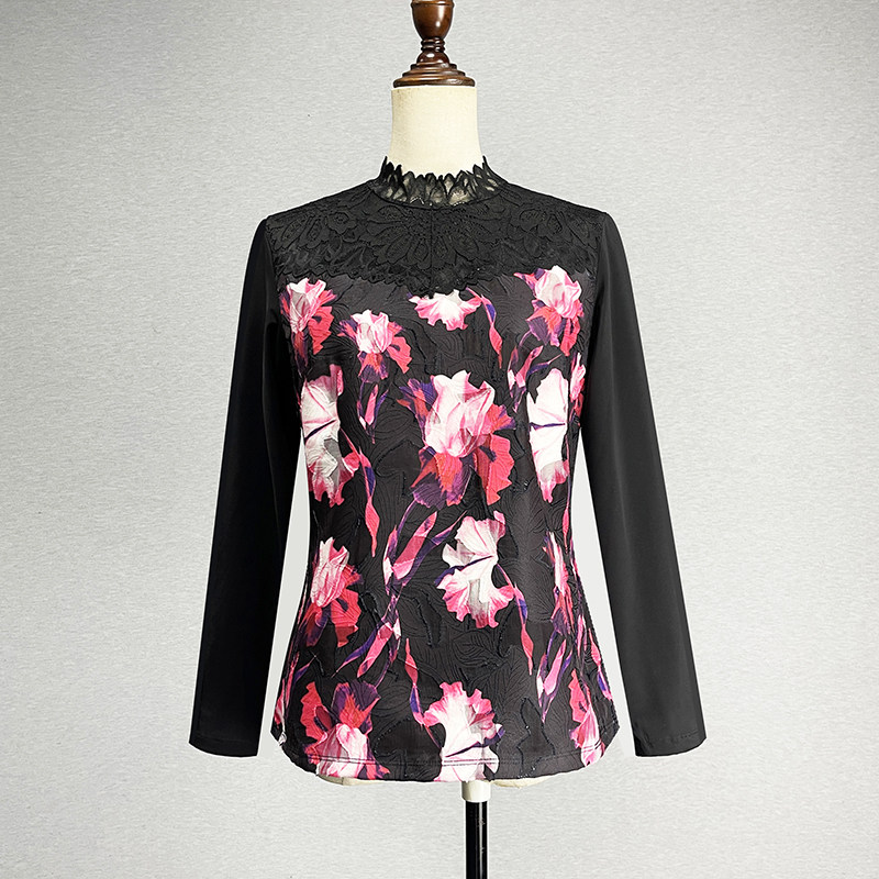 黑色加绒九分袖蕾丝衫女2025弹力修身镂空性感立领碎花保暖打底衫