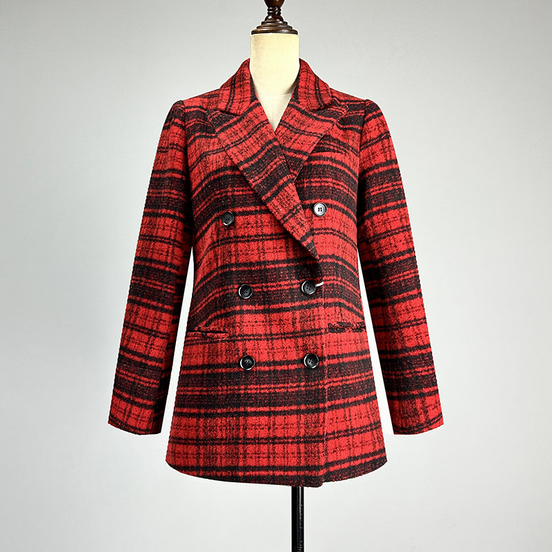 红色格子双排扣红黑格毛呢外套
