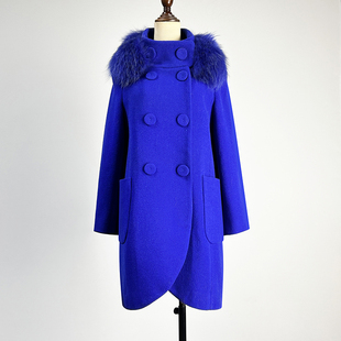 品牌中长款 显瘦双排扣立领外套 宝蓝色羊毛呢大衣女2025秋冬修身