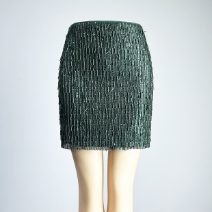 出口外贸原单绿色短裙半身裙2026高腰修身 性感亮片钉珠包臀直筒裙
