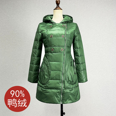 韩版中长款连帽防风袖口羽绒服