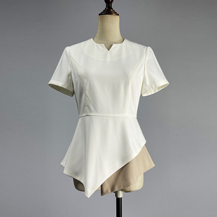 A字型拼色不对称套头白衬衫 品牌白色短袖 修身 女2025职业装 衬衫