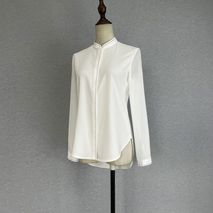 显瘦暗扣明线装 女2022修身 饰百搭圆摆纯色衬衣 衬衫 单排扣立领长袖