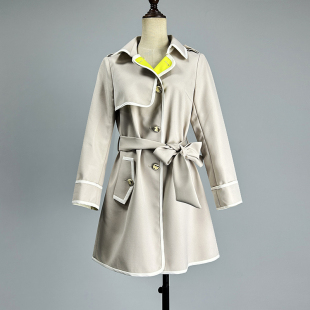 品牌中长款 风衣女2026欧美风单排扣POLO领腰带拼色外套 杏色长袖