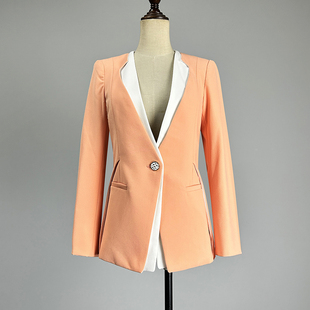 品牌浅绿色拼色长袖外套女2026春秋单排一粒扣V领粉红色上衣