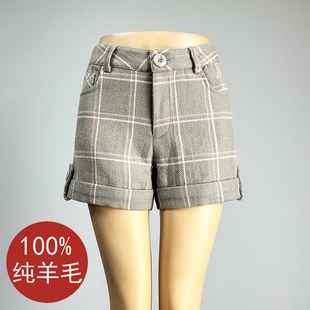 品牌灰色格子纯羊毛短裤女2025秋冬中腰修身显瘦黑白格包臀直筒裤