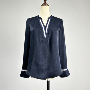 品牌职业装藏青色套头衬衫女2026高级感V领光泽度浅紫色时尚衬衫