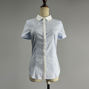 品牌蓝色条纹短袖衬衫女2025职业装修身显瘦单排扣POLO领白领衬衣