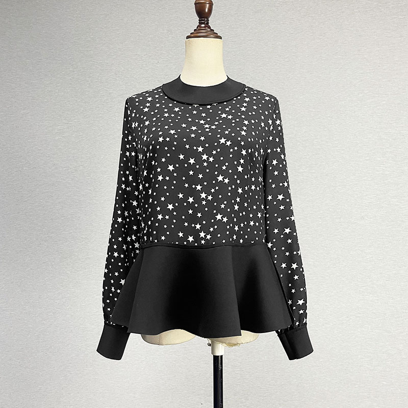 黑色长袖雪纺衫女2024春秋五角星印花甜美百搭立领荷叶边打底衫