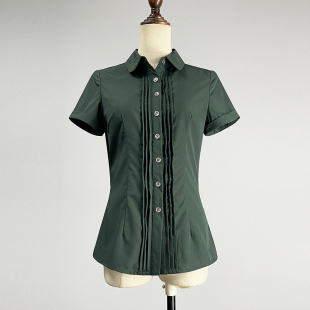 修身 品牌墨绿色短袖 女2025夏职业装 薄款 显瘦单排扣POLO领衬衣 衬衫