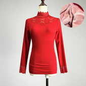 红色加绒加厚保暖内衣女2025秋冬弹力修身 蕾丝立领镂空性感打底衫
