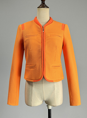 品牌桔色长袖短外套女2025春秋小香风修身显瘦太空棉橙色拉链上衣