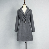 显瘦百搭灰色外套潮 风衣女双排扣腰带修身 品牌折扣中长款 V领长袖