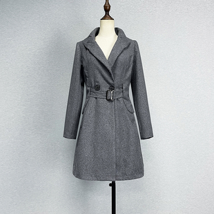 显瘦百搭灰色外套潮 风衣女双排扣腰带修身 品牌折扣中长款 V领长袖