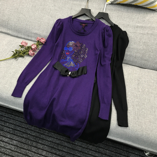 打底毛衣裙内搭 修身 烫钻针织连衣裙女2020秋冬新款 弹力泡泡袖