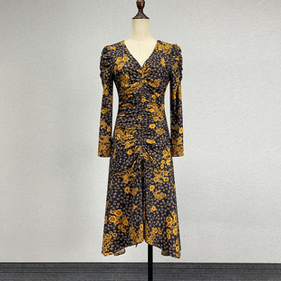 中长款蓝底黄花长袖连衣裙女2024弹力修身性感V领黑底红花a字裙子