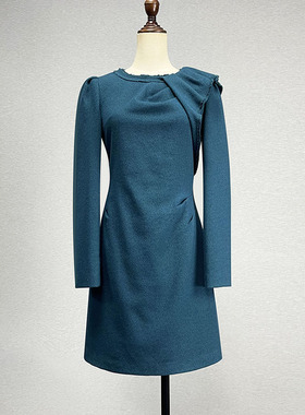 品牌折扣中长款蓝色羊毛呢连衣裙女2024秋冬修身显瘦不对称a字裙