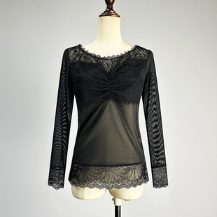 品牌黑色网纱圆领蕾丝衫女2025弹力修身性感微透内搭薄款打底衫