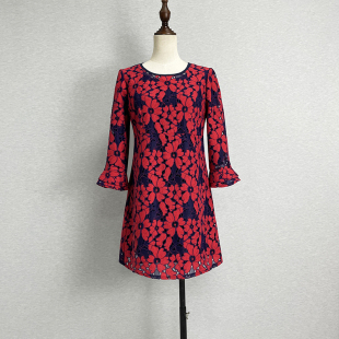 品牌折扣蕾丝七分袖 a字裙 连衣裙女洋气质百搭显瘦透气圆领妈妈装